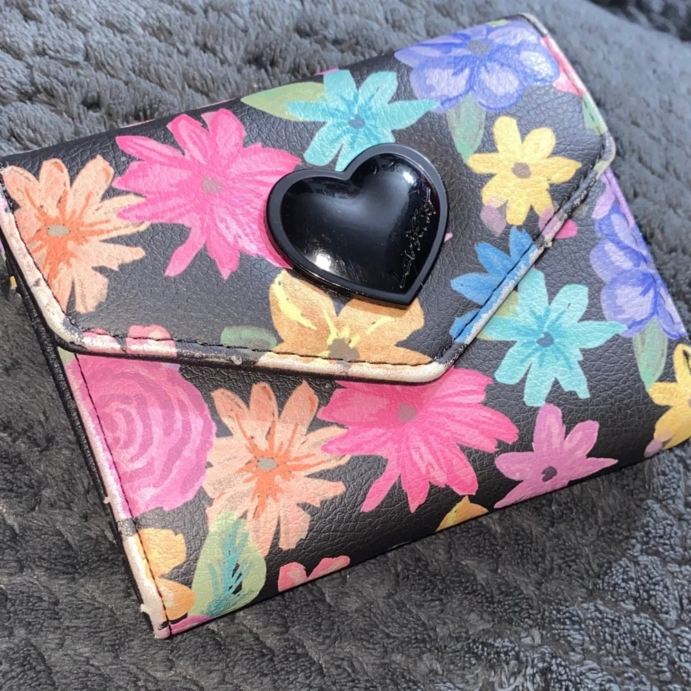 Betsey Johnson Floral Heart Wallet - Black, Pink, Blue - Picture 1 of 6